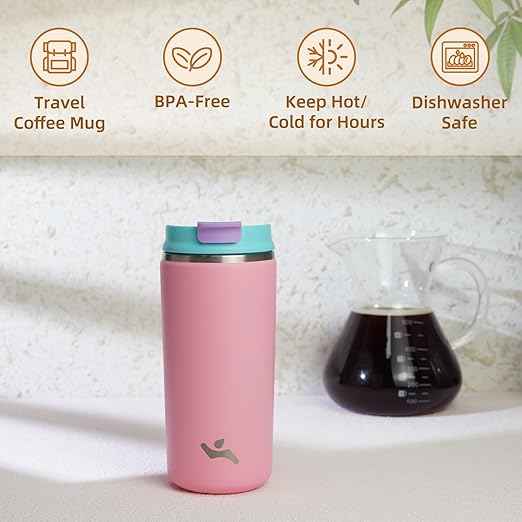 Konokyo Tumbler with Lid, 12 oz Travel Coffee Mug Double Wall Vacuum Stainless Steel Thermal Metal Cup Insulated Water Bottle,Pink