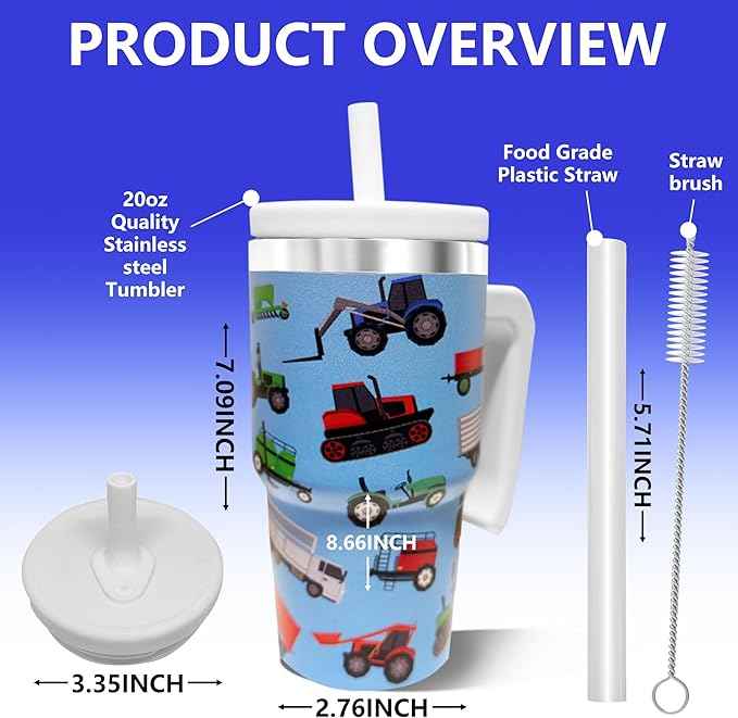 2PCS 20-OZ Insulated Water Bottle,Insulated Stainless Steel Tumbler,Reusable Cold Drink Thermos,BPA-Free, Double-Wall Stainless Steel Water Bottle (Blue-Farm Vehicles, 20, Fluid Ounces)