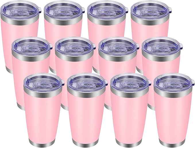 VEGOND 20oz Tumbler with Lid and Straw Stainless Steel Tumbler Cup Bulk Vacuum Insulated Double Wall Travel Coffee Mug Powder Coated Coffee Cup, Pink, 12 Pack