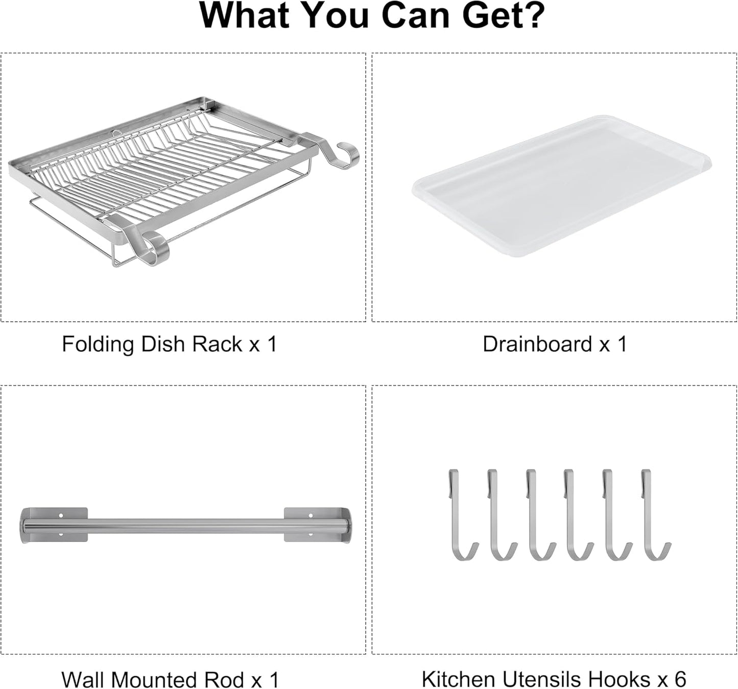 TQVAI Over Sink Dish Drainer Drying Rack, Stainless Steel Foldable Wall Mounted Dish Racks with Drainboard Hanging Rod and Sponge Holder, Silver