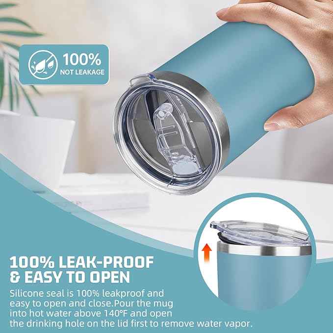 20 oz Tumbler with Lids and Straws, Stainless Steel Insulated Travel Coffee Mug, Double Wall Vacuum Insulated Tumblers, Powder Coated Coffee Tumbler for Cold & Hot Drinks (Azure Blue,4pack)