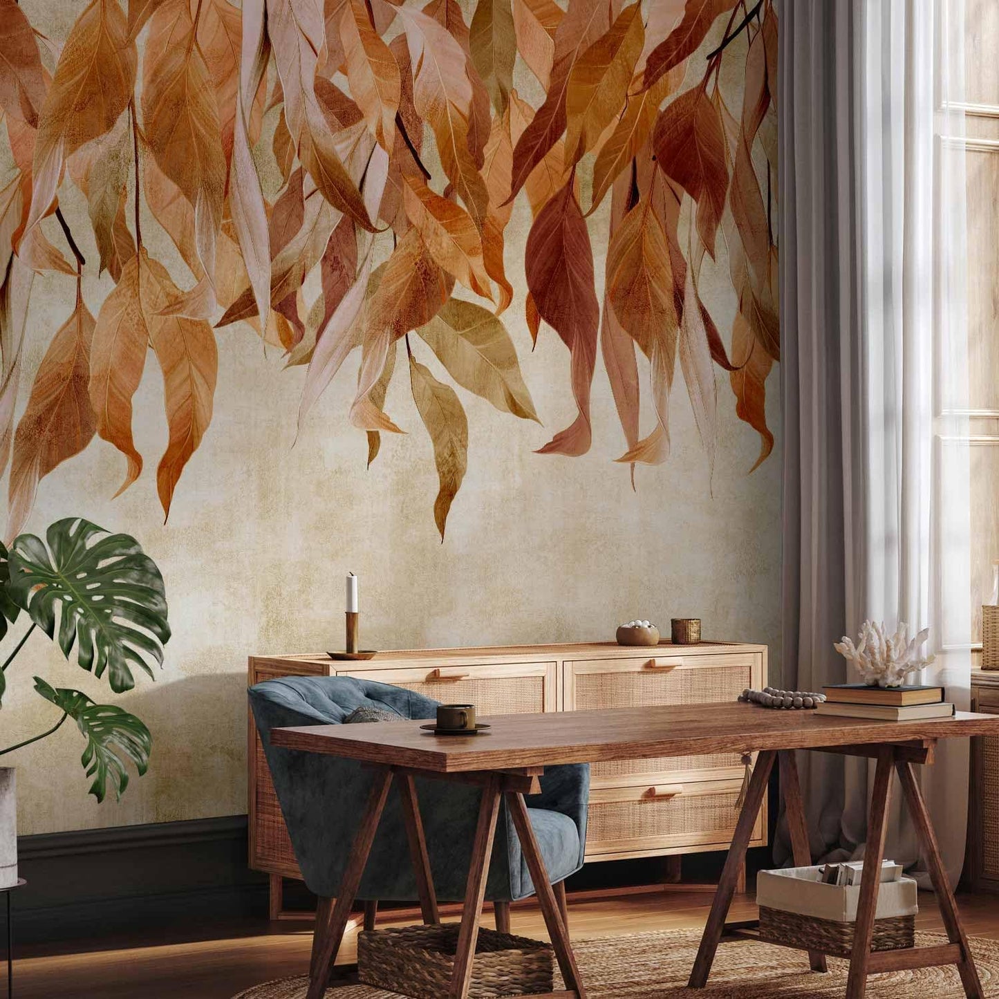 artgeist Wall Mural Hanging Leaves 197x138 in - Non-Woven Wallpaper Fleece Wall Decor Photo Print Picture Image Design Nature Botanical Concrete Orange Beige b-C-10146-a-c