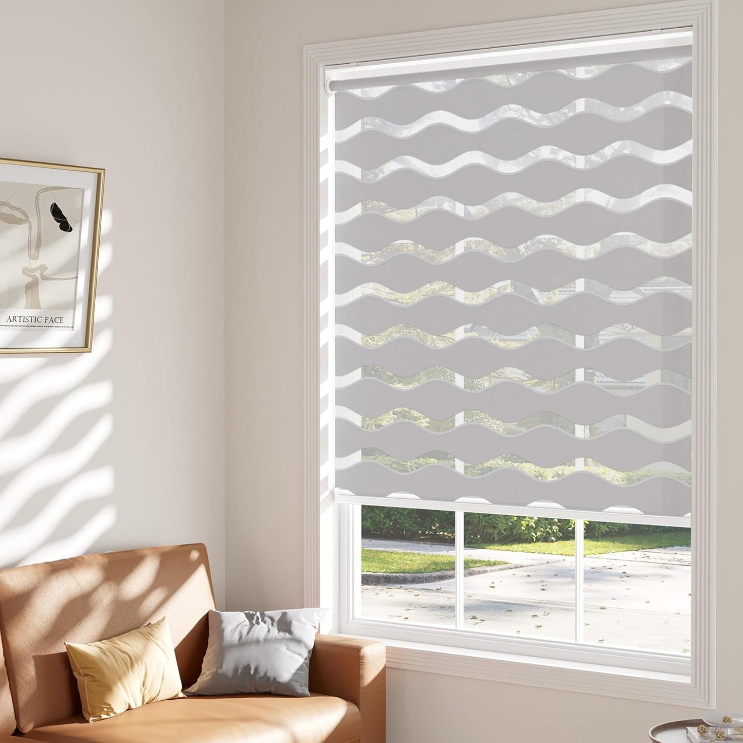 LazBlinds No Drill Cordless Zebra Blinds for Indoor Windows, Dual Layer Light Control Roller Shades for Day and Night, Light Filtering Sheer Shades for Home, 22" W x 48" H, Stone Grey