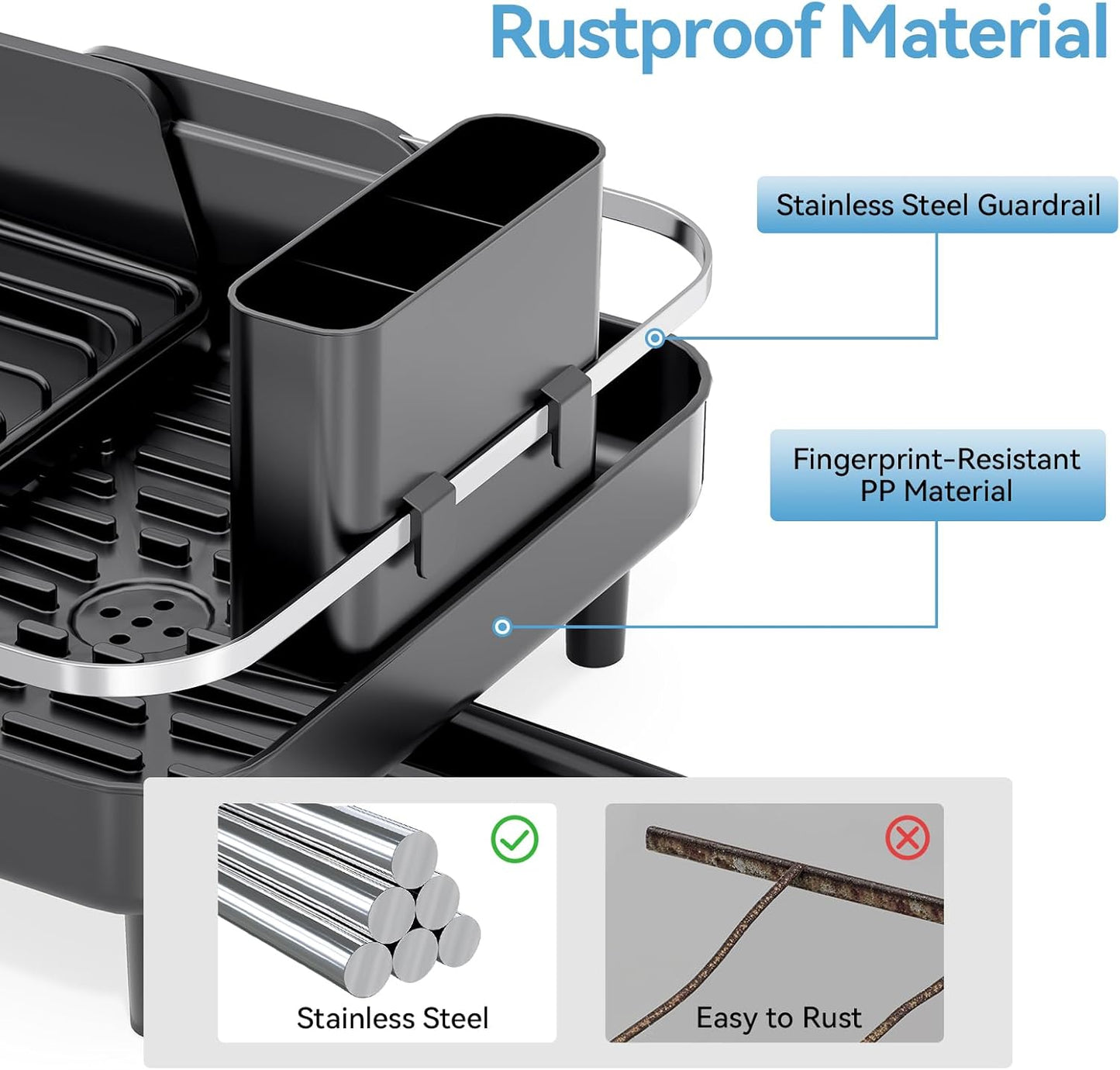 Urackify Expandable Dish Rack for Kitchen Counter,16.14"-23.62" Large Stainless Steel Dish Drying Rack with Adjustable Water Spout, Space Saving Dish Drainer with Auto Draining Cutlery Holder,Black