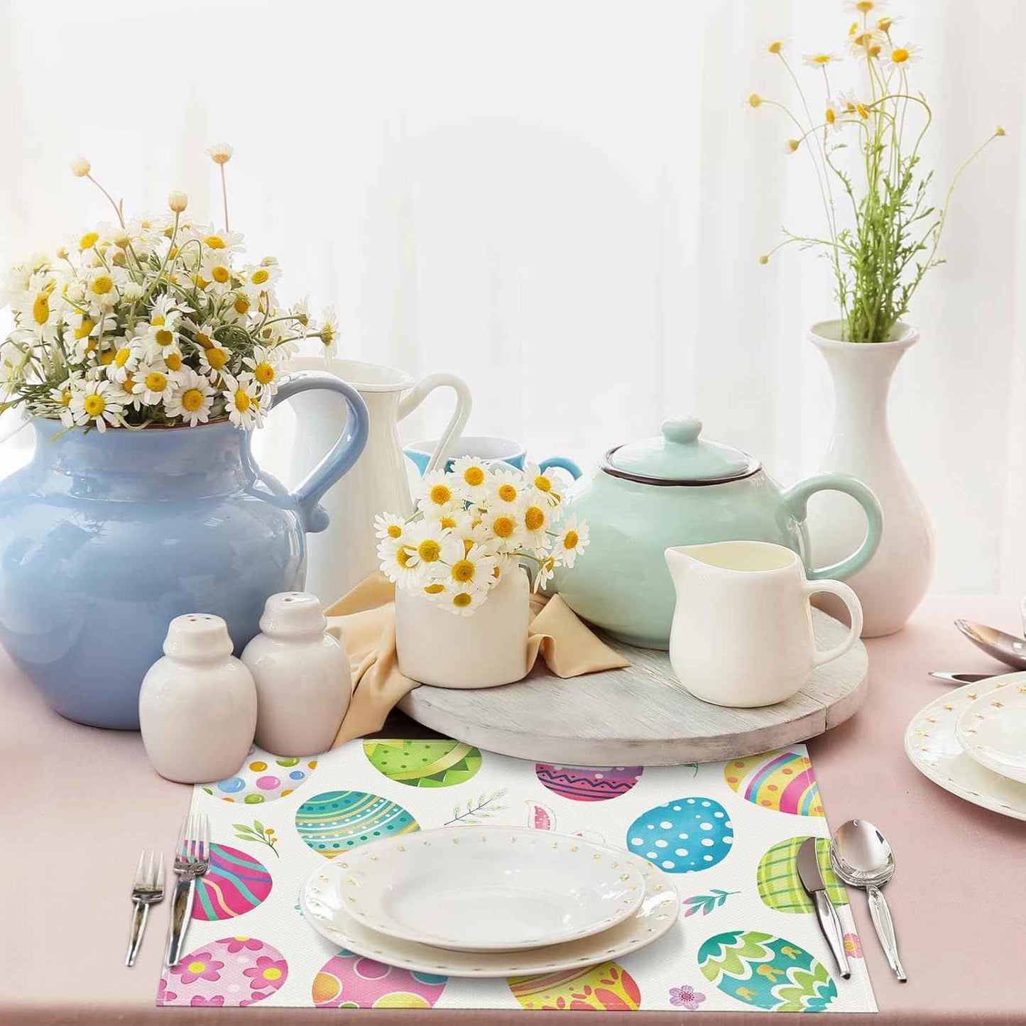 Bonhause Easter Eggs Placemats Set of 4, 12x18 Inch Spring Bunny Floral Seasonal Kitchen Dining Table Mats Washable Place Mats for Indoor Outdoor Home Party Easter Decor