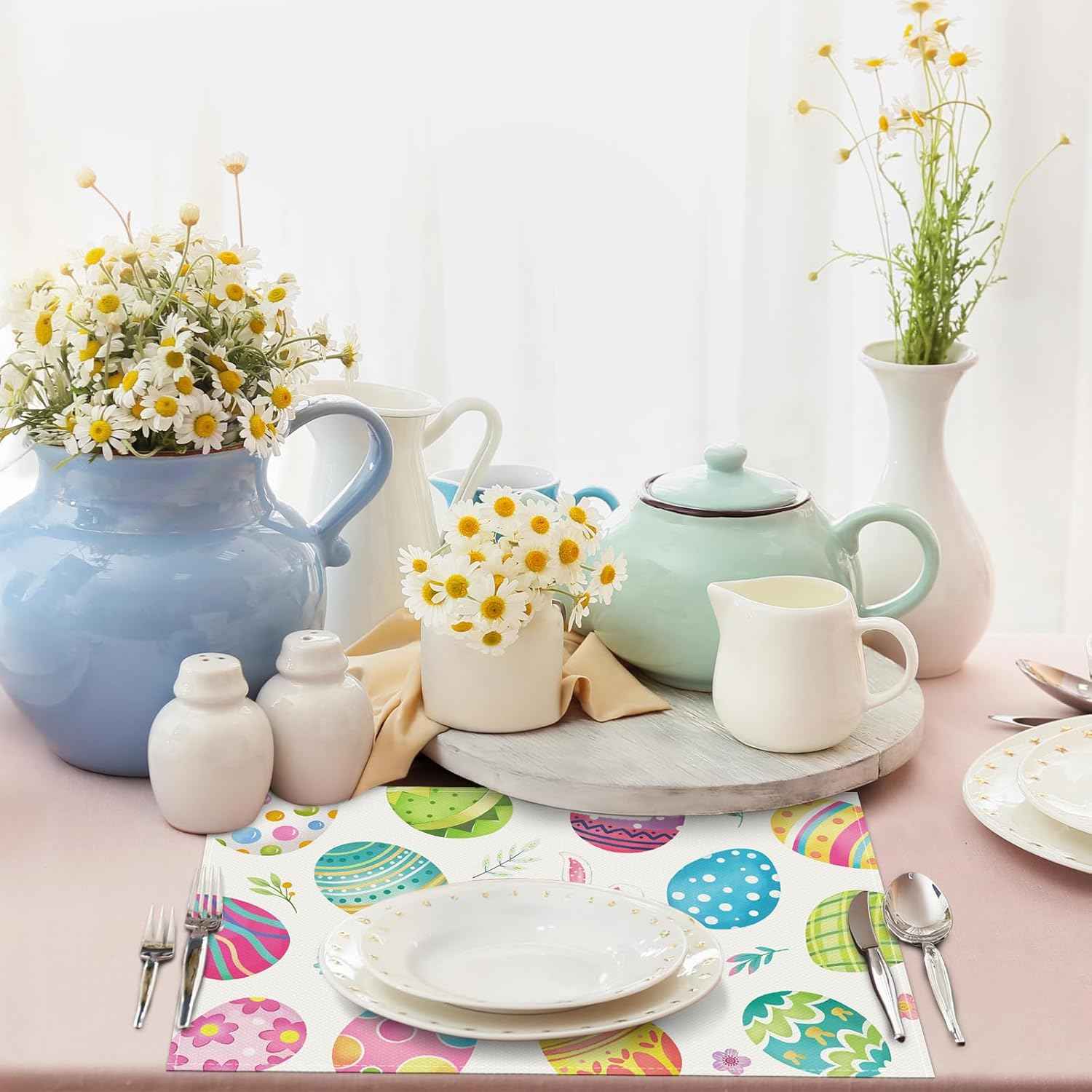 Bonhause Easter Eggs Placemats Set of 4, 12x18 Inch Spring Bunny Floral Seasonal Kitchen Dining Table Mats Washable Place Mats for Indoor Outdoor Home Party Easter Decor