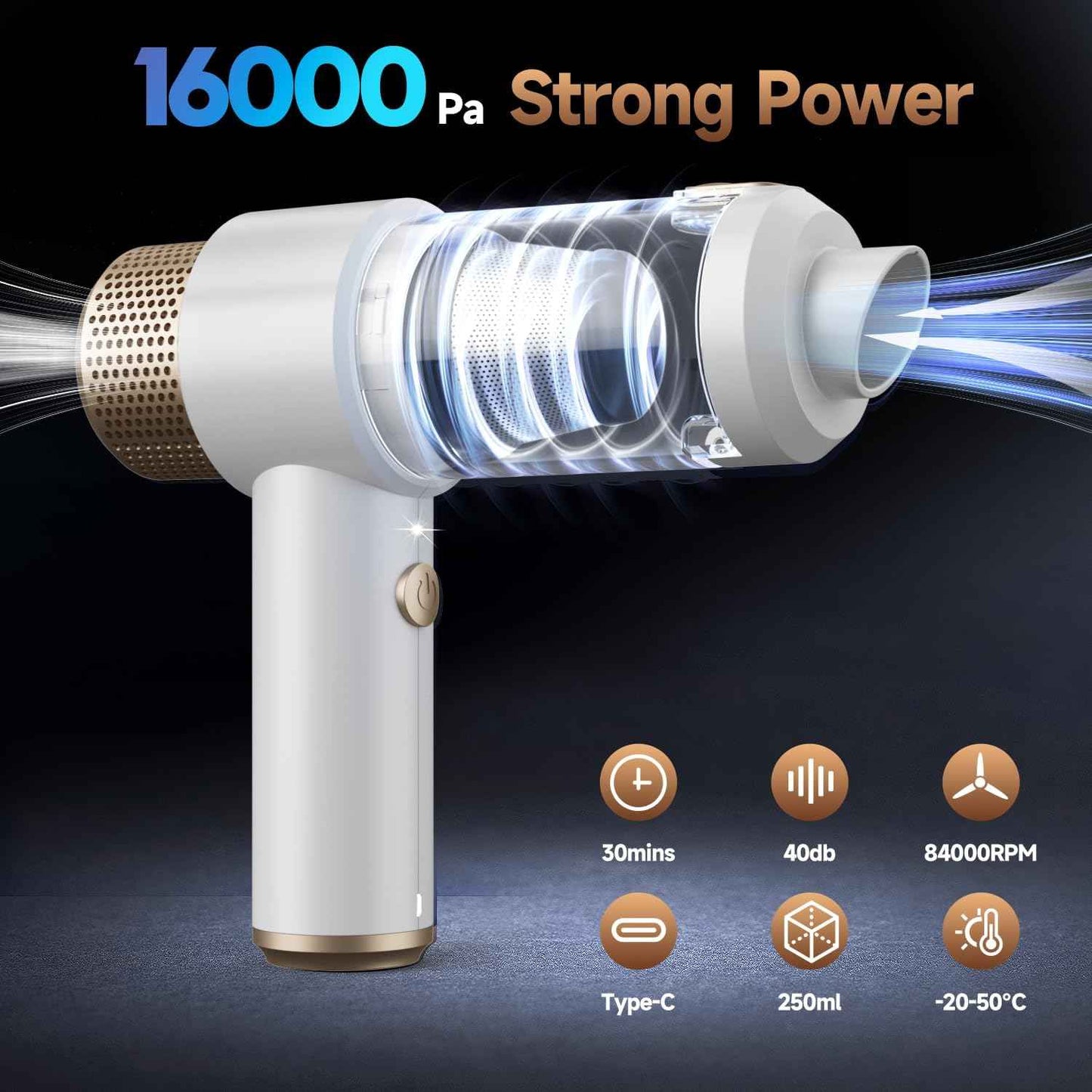 Vizeusvac Car Vacuum Cleaner, 16000PA Mini Car Vacuum Cordless Powerful, 7 in 1 Portable Handheld Vacuum Cordless with LED Light, Dual Filters, One-Touch Empty for Pet Hair, Home, Office