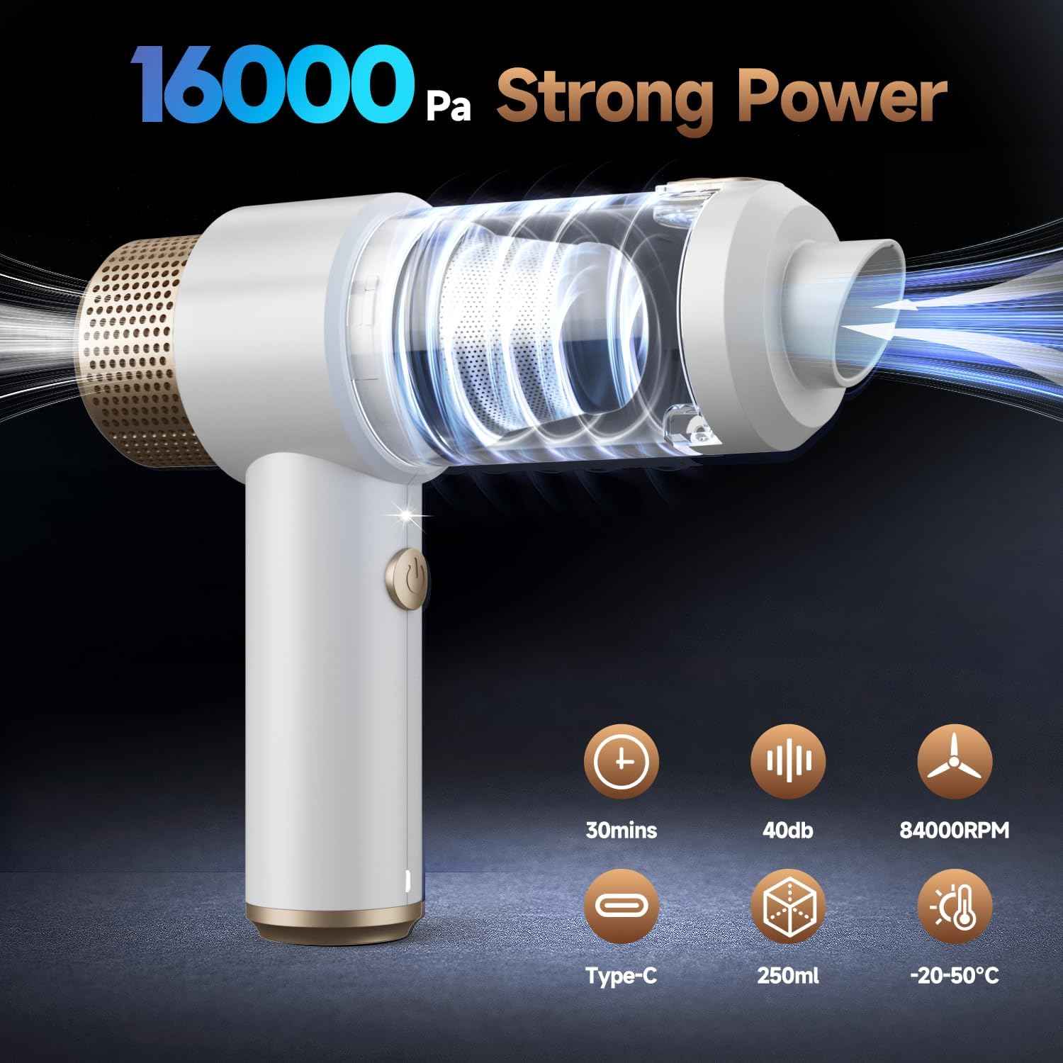 Vizeusvac Car Vacuum Cleaner, 16000PA Mini Car Vacuum Cordless Powerful, 7 in 1 Portable Handheld Vacuum Cordless with LED Light, Dual Filters, One-Touch Empty for Pet Hair, Home, Office