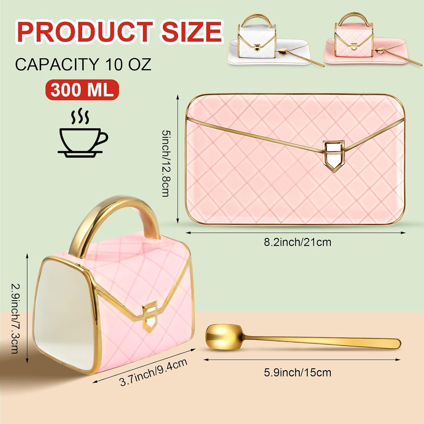 Zubebe 2 Sets Coffee Mug Elegant Handbag Shaped Cup Modern Ceramic Purse Mug with Spoon and Saucer, 10oz Cute Creative Tea Cup for Office Home Woman Girls Gift (Pink and White)