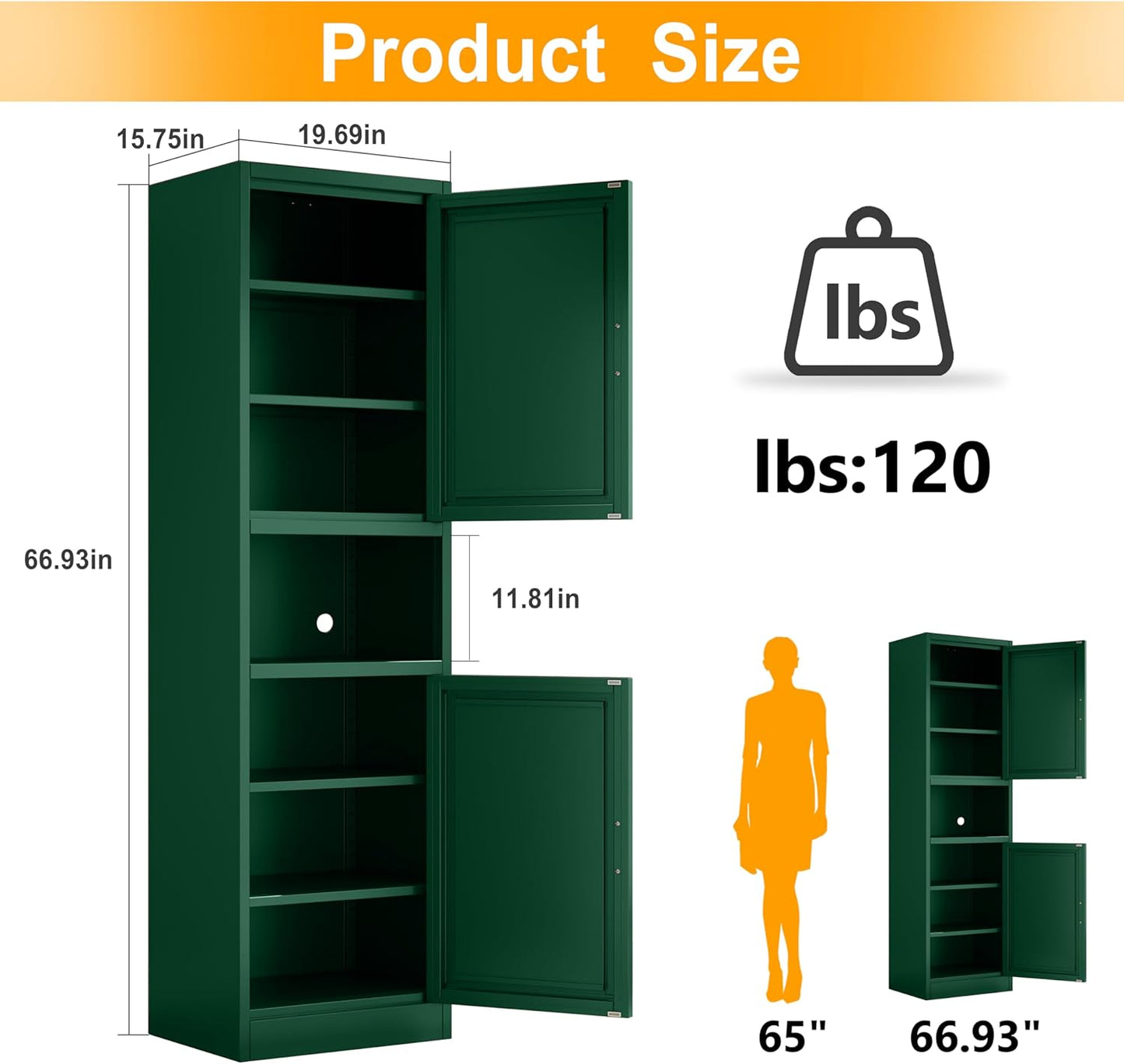 Tall Narrow Storage Cabinet 66.93" H Tall Bathroom Cabinet Metal Pantry Cabinets, 4 Adjustable Shelves for Kitchen, Home Office, Living Room, Dinning Room (20 inches Wide Green)
