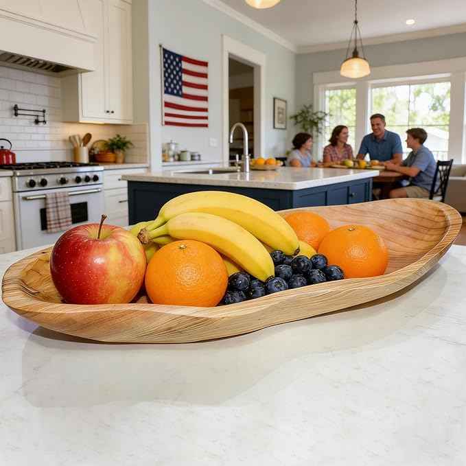 BTEOBFY 15-Inch Wavy Wooden Fruit Bowl - Handcrafted Solid Wood Decorative Basket for Kitchen Countertop - Large Rustic Dough Bowl Centerpiece, Natural Driftwood Decor for Bread & Snacks