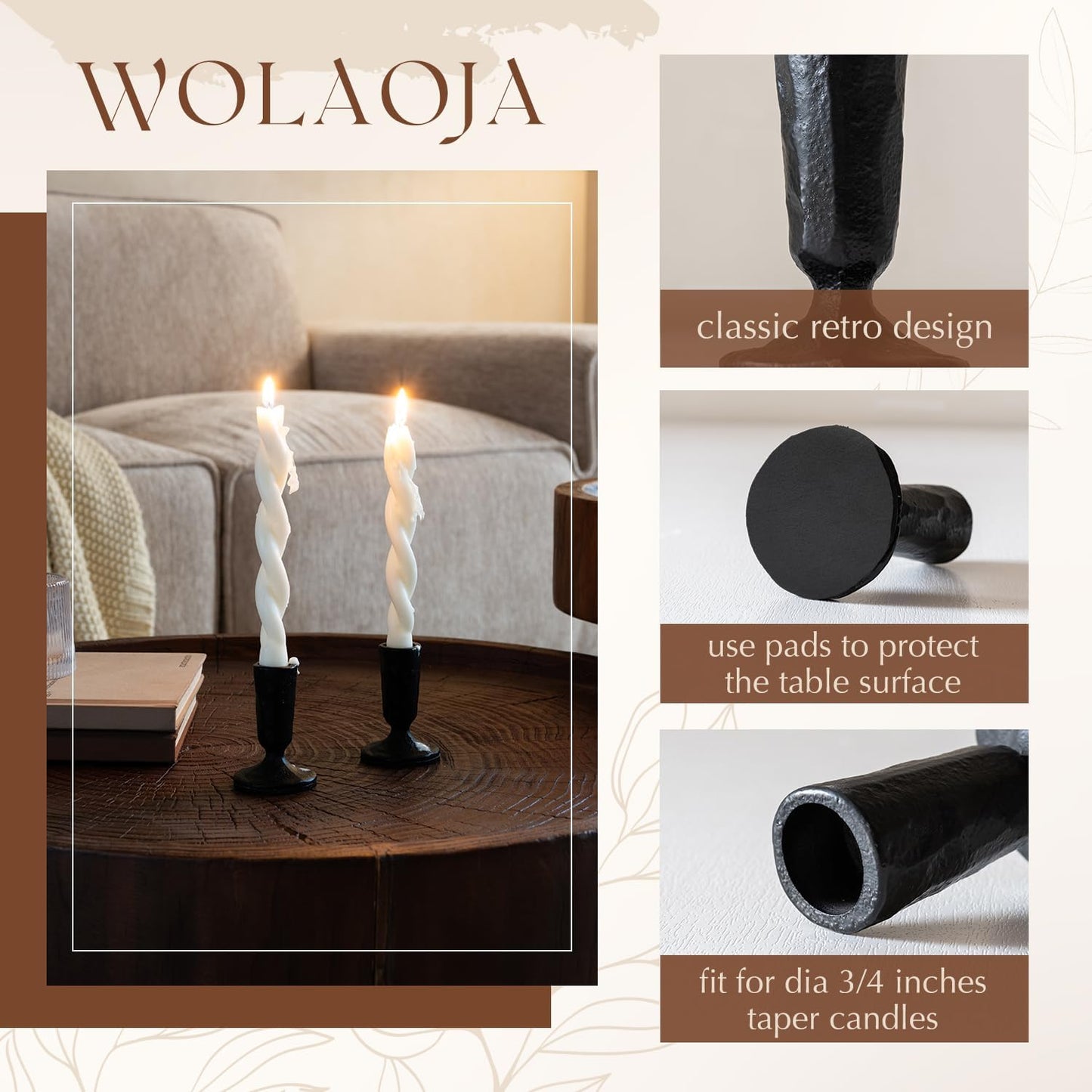 Candle Sticks Holder Decor, Set of 2 Vintage Black Candle Holders, Modern Decorative Tapered Candlestick Holders Centerpiece for Dining Table Centerpiece, Wedding, Party Decor