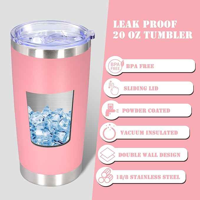 20 oz Tumbler with lid Double Wall Vacuum Insulated Tumblers Stainless Steel Coffee Mug Travel Coffee Tumbler Powder Coated Tumbler Cup Keep Hot&Cold - (Pink 1 Pack)