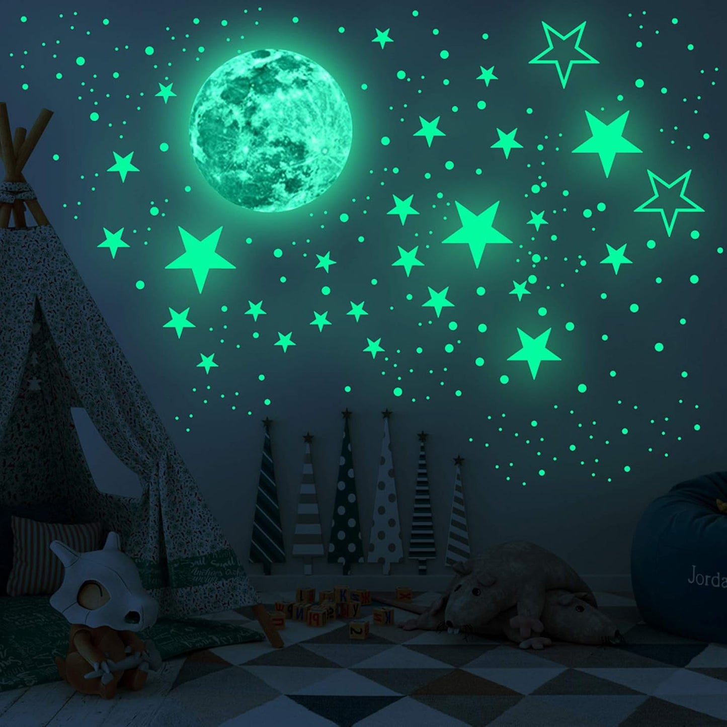 Luminous Wall Decals Ceiling Stickers Glow in The Dark Moon and Stars Starry Sky Shining Decals Room Decoration Perfect Gifts for Kids Bedroom Bedding Room, 1 Moon + 436 Stars and Dots