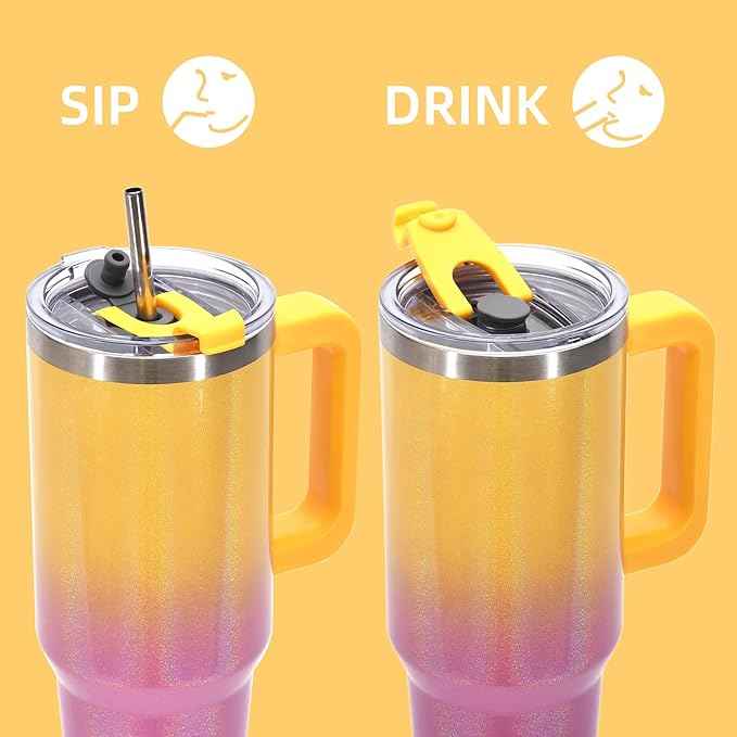 40 oz Shiny Tumbler with Handle and Straw,Stainless Steel Tumbler with Lid and Straw,Insulated Travel Mug(Cold for 34 Hours),Water Bottle for Iced Tea,Coffee (Yellow)