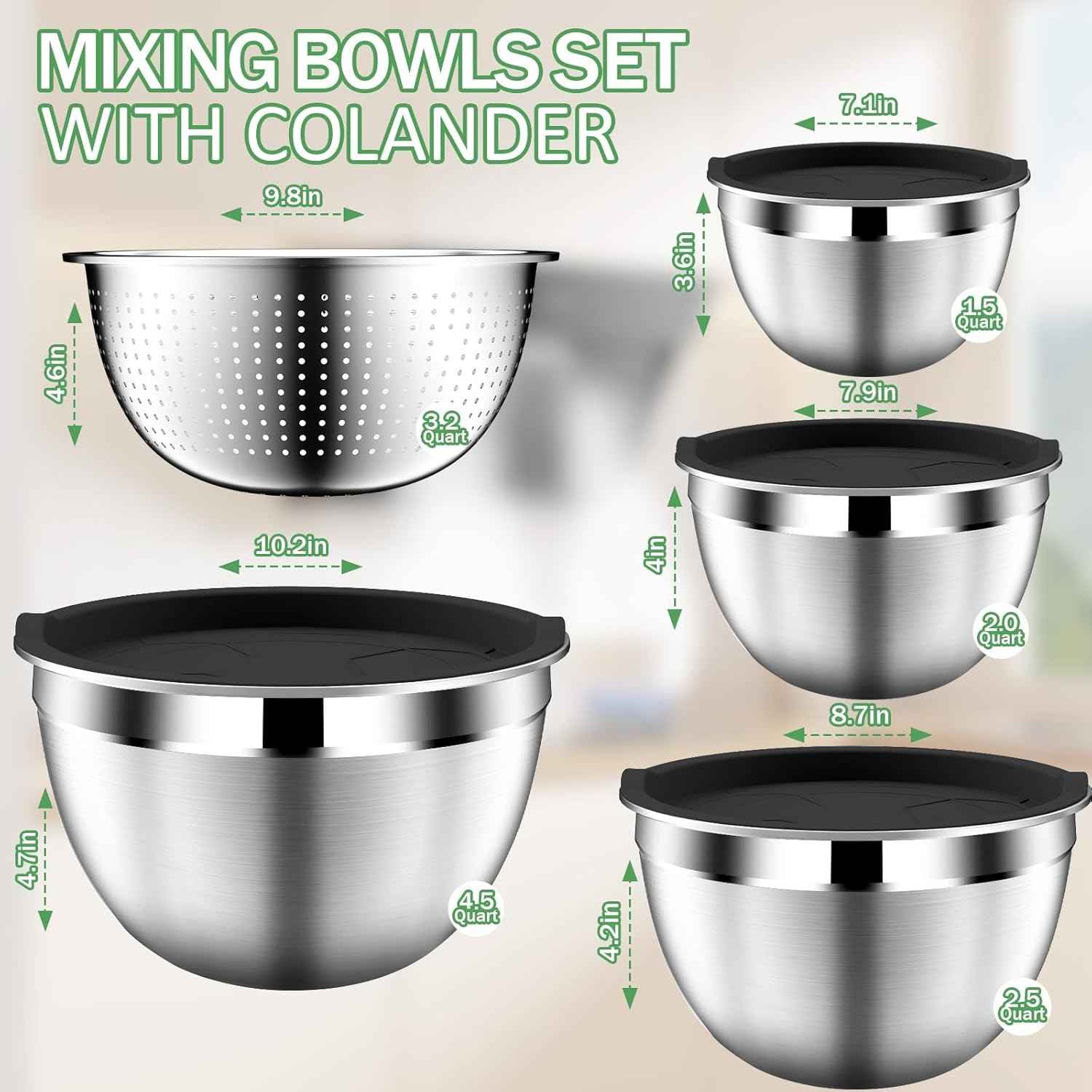 DUTZUN Mixing Bowls with Lids Set, Stainless Steel Mixing Bowls with Colander, Strainer with Mixing Bowl Set, Serving Bowl Kitchen Gift, Size 4.5, 2.5, 2, 1.5QT - Black