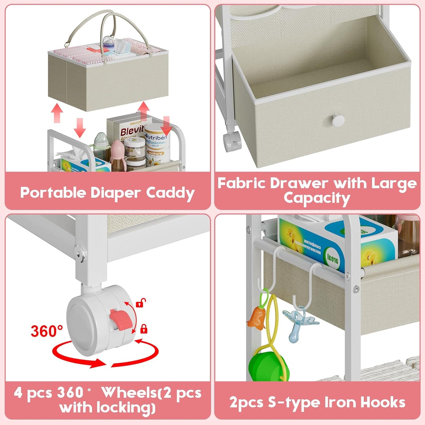 Cidaziya 2In1 Baby Diaper Caddy Organizer and Storage, 3 Tier Rolling Cart with Drawer, Mobile Utility Cart Baby Dresser Clothes Organizer for Crib, Art & Craft Storage, White, 17"W x 11.42"D x 33.5"H
