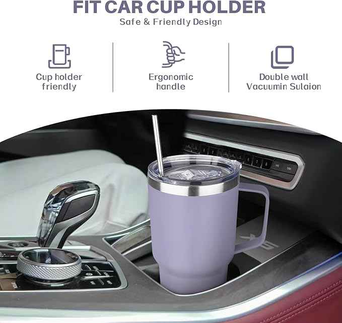30 oz Stainless Steel Tumbler with Handle, Double Wall Vacuum Insulated Coffee Mug Tumbler with Lid and Straw, Thermal Cup for Cold and Hot (Light Purple)