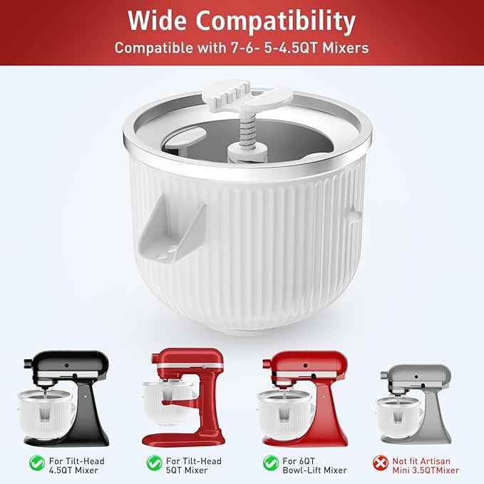 Ice Cream Attachment for KitchenAid Mixer, Ice Cream Bowl Compatible with 4.5Qt and 6QT Or Larger Stand Mixers KitchenAid Attachment, Frozen Yogurt & Sorbet Gelato Maker Attachment, 2 Qt White