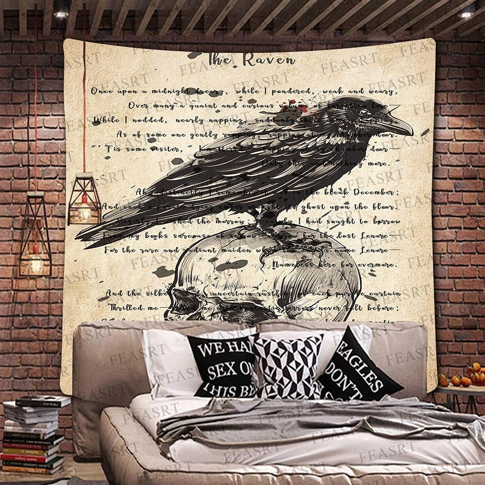 Tapestry Wall Hanging Ancient Raven Hymn Wall Decor for Gothic Rustic Home Room, 84x90 Inches Soft Flannelette, Gothic Skull and Raven Dictionary Poster GTQQAY1546
