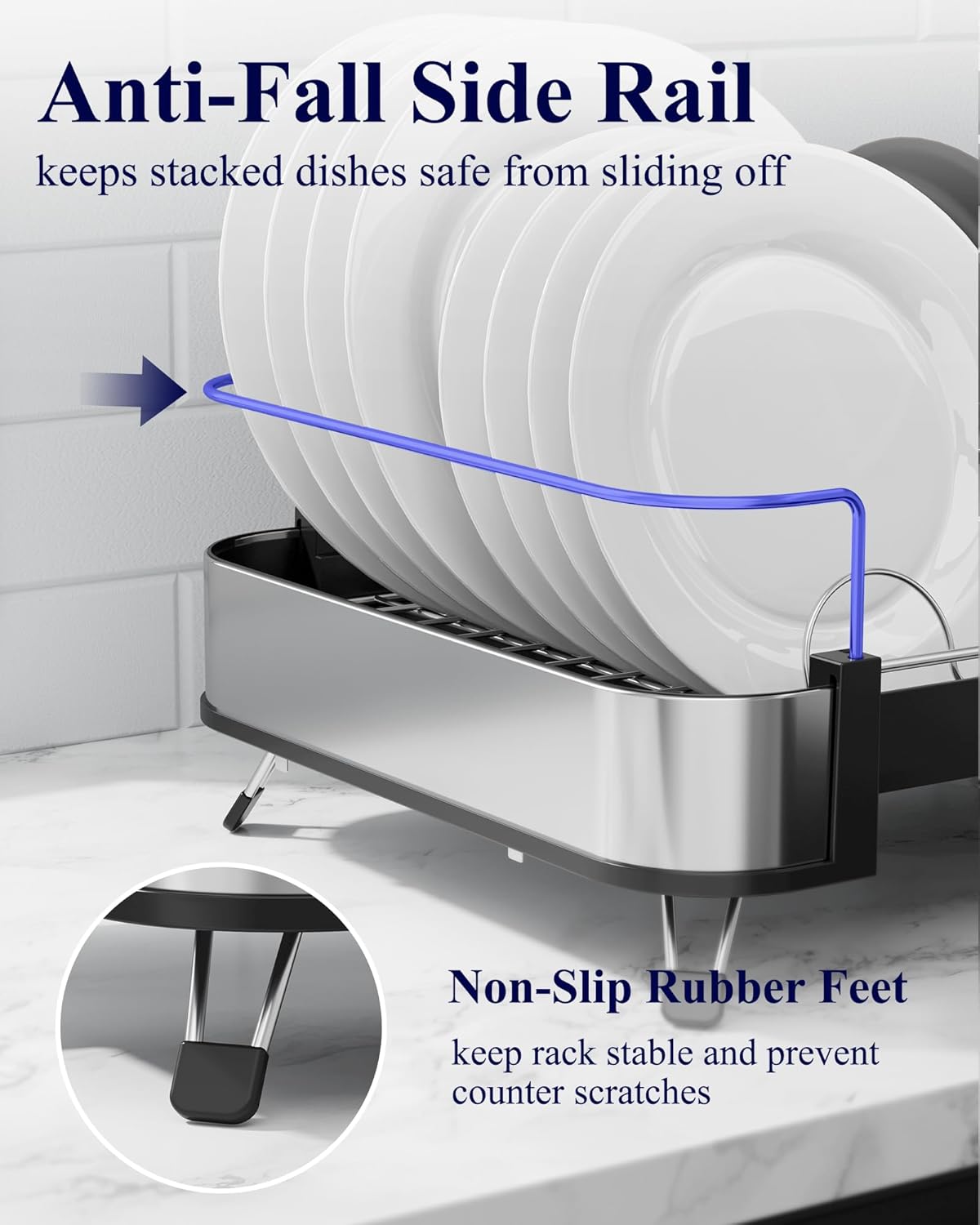 Kitsure Dish Drying Rack - Expandable Stainless Steel Dish Racks for Kitchen Counter, Auto-Drain Drying Rack for Kitchen with Cutlery Holder & Non-Slip Feet, 16.1-26.6" L x 12.6" W, Black
