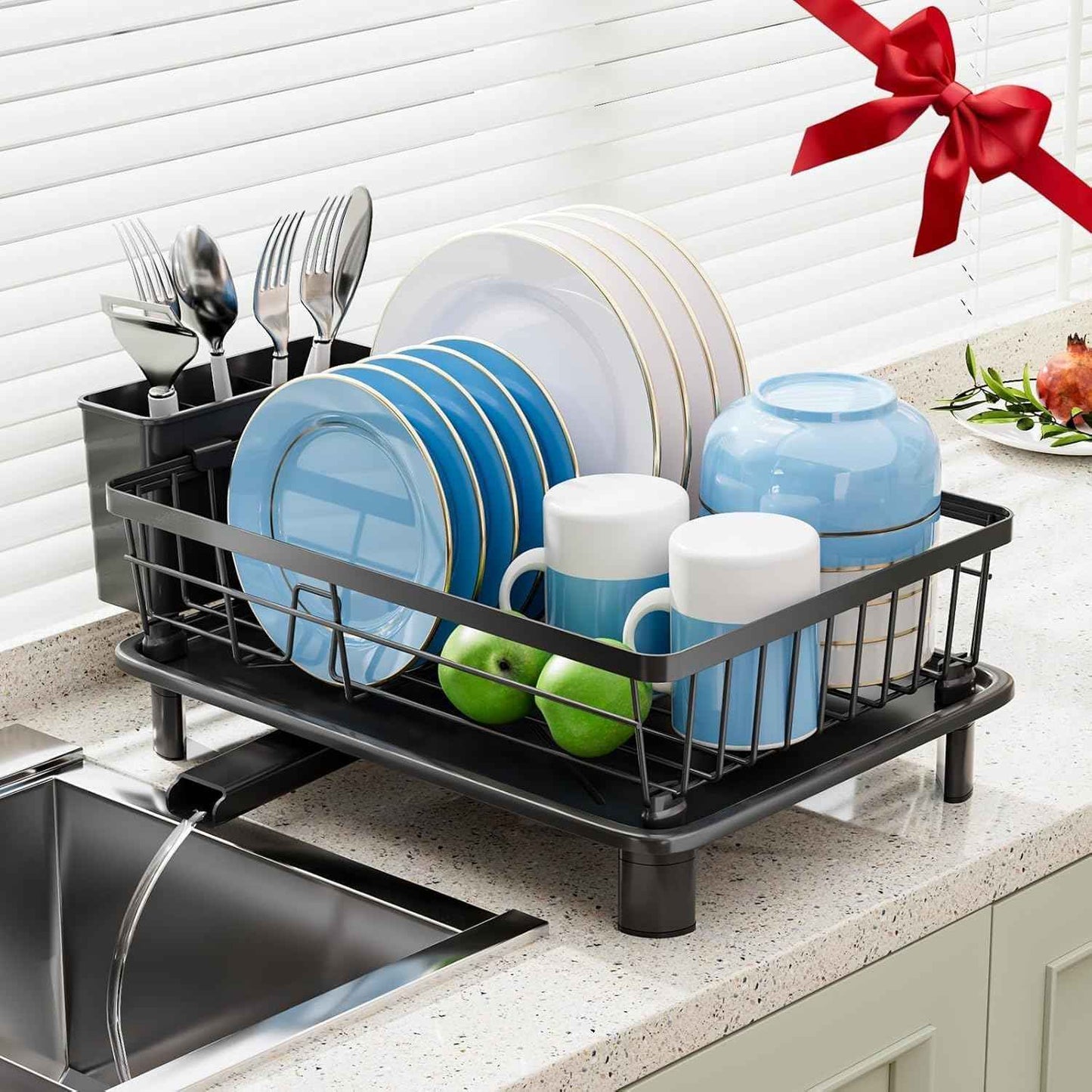 GAOKASE Dish Drying Rack, Stainless Steel-Dish Rack, Dish Racks for Kitchen Counter, Kitchen Dish Drainers with Removable Utensil Holder,New Drain Outlet,Plate Rack and Drainboard,Black