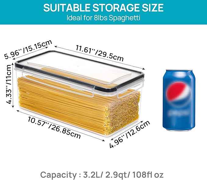 Vtopmart Airtight Food Storage Containers with Lids 8PCS Set 3.2L, Plastic Spaghetti Container for Pasta organizer, BPA Free Air Tight House Kitchen Pantry Organization
