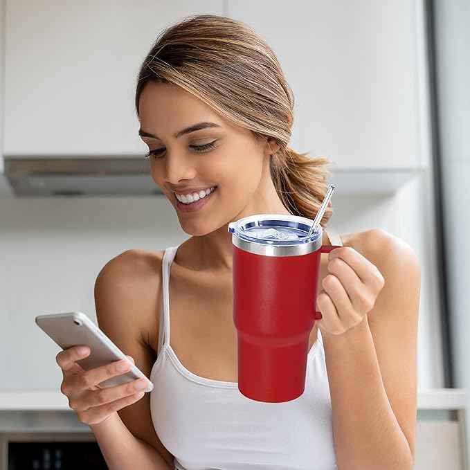 20 oz Tumbler with Handle, insulated cup coffee mug with lid, straw and handle, Double Wall Stainless Steel Vacuum Coffee Tumbler travel mug spill proof, 1pcs Red