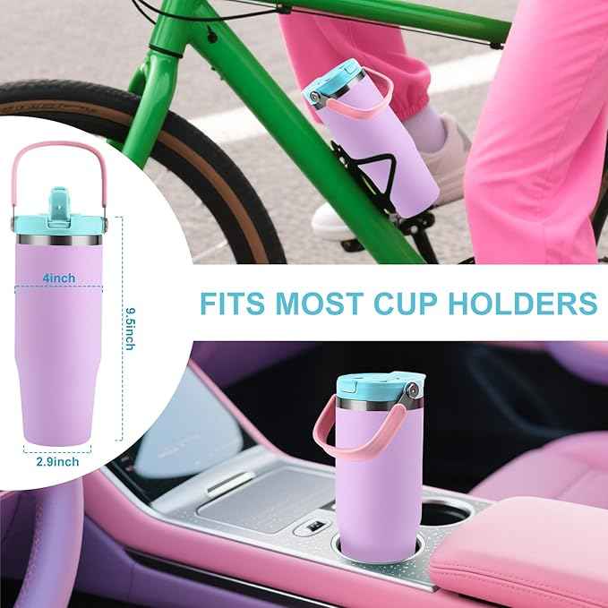 32 oz Tumbler with Handle and Flip Straw,Keep Cold or Hot,Fits in Cup Holder,Reusable Leak Proof Stainless Steel Vacuum Water Bottle,Suitable for Home Gym Trave, Easy to Carry(Purple)