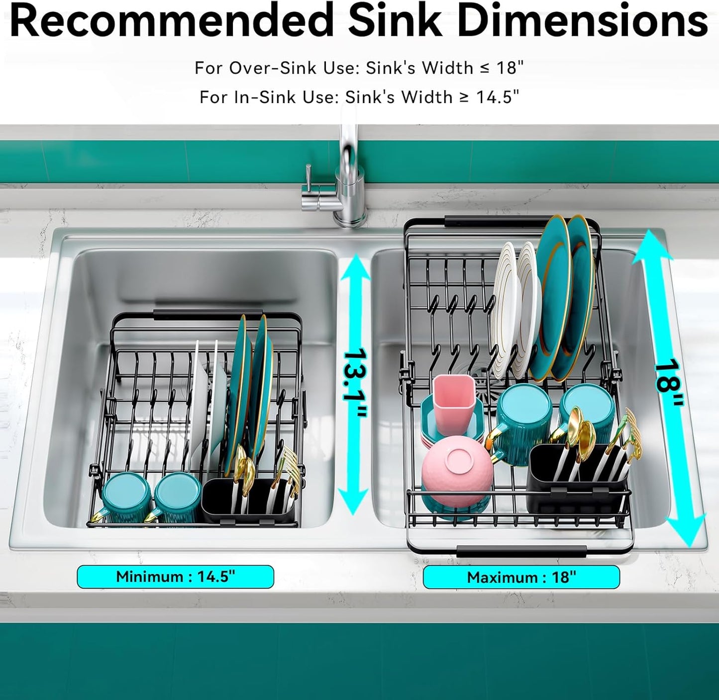 Urackify Expandable Stainless Steel in Sink Dish Drying Rack - Adjustable Dish Rack Over Sink, Rustproof Dish Drainer for Kitchen Counter, Dish Strainer with Utensil Holder, Fit Sink for 13"-18"