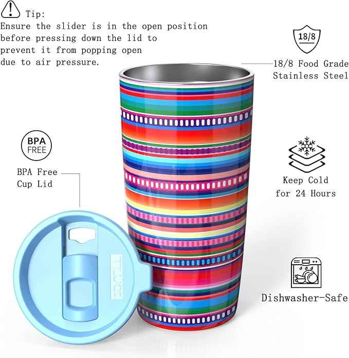 TILUCK 20 oz Insulated Tumbler with BPA-Free Lid, Stainless Steel Vacuum Travel Coffee Mug, Double Wall Coffee Tumbler（20oz，RainbowStripes）