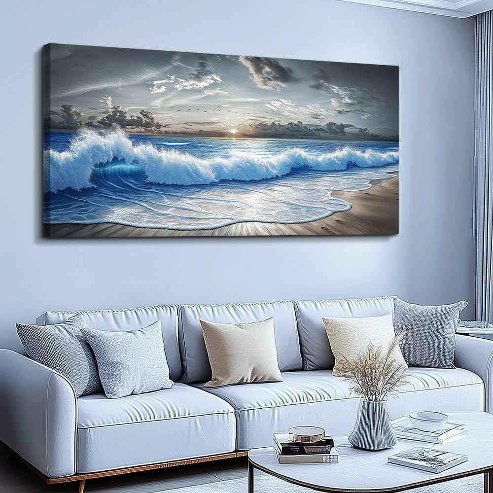 PHAOHUAXM Wall Decor For Living Room Wall Art For Bedroom Office Restaurant Decoration Black White And Blue Ocean Wave Landscape Painting Canvas Pictures Printing Artworks Modern Home Decor 20"X40"