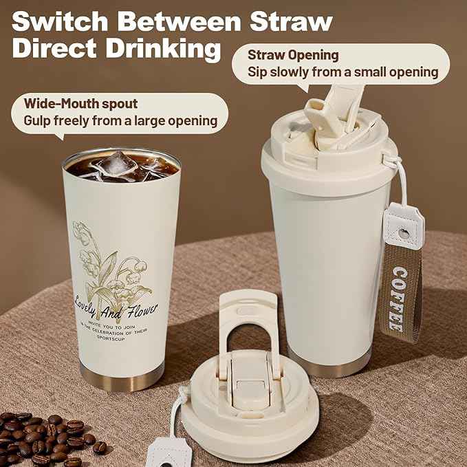 Insulated Coffee Tumbler 17.9oz 530ml Travel Coffee Mug 316 Stainless Steel Dual Drink Openings Leakproof Lid Reusable Insulated Coffee Mug Hot and Cold Ideal Travel Mug for Coffee Lover Daily