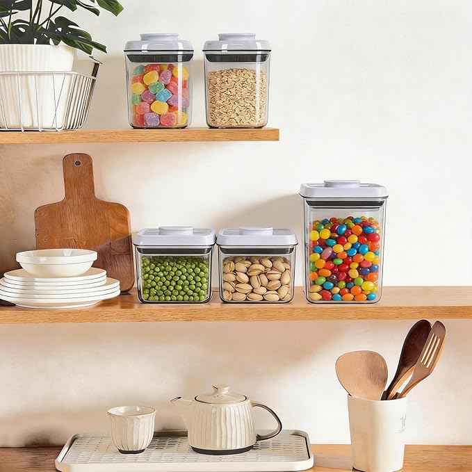 Pop Airtight Food Storage Containers with Lids, Push Button Seal BPA-Free for Kitchen Pantry Organization, 3 Pcs 0.65Qt/0.7Qt/1.8Qt for Cereal, Flour, Sugar, Snacks Dry Food Storage