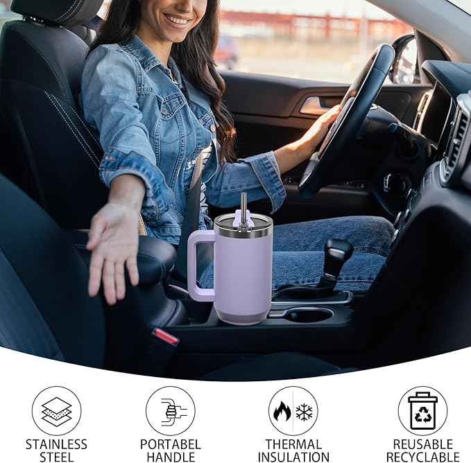40 oz Tumbler with Handle,Tumbler with Lid and Straw,Double Wall Insulated Cup Stainless Steel Travel Mug(Cold for 34 Hours),Water Bottle for Iced Tea,Coffee,Cold Beverages(Purple)