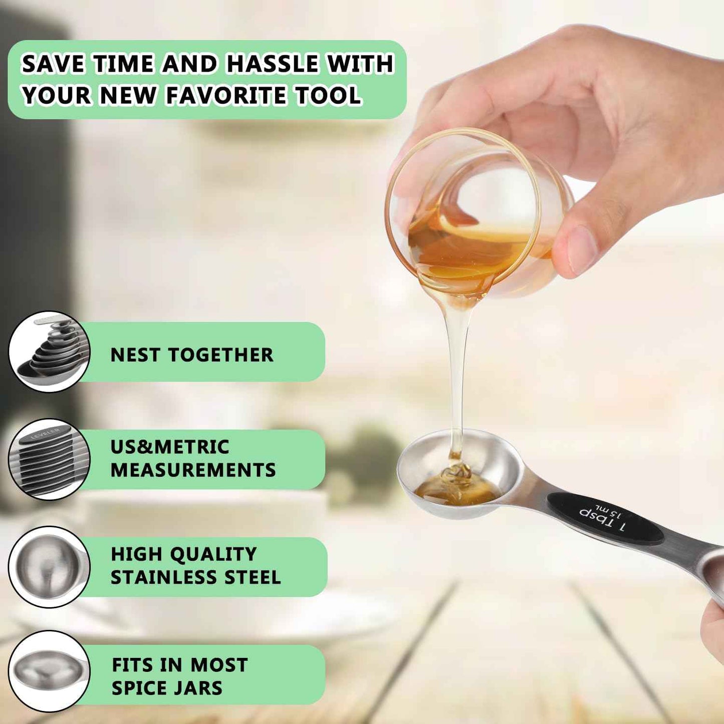 Magnetic Measuring Spoons Set of 9 Stainless Steel Dual Sided Stackable Teaspoon Tablespoon Nesting Measuring Spoon for Measuring Dry and Liquid Ingredients Fits in Spice Jar