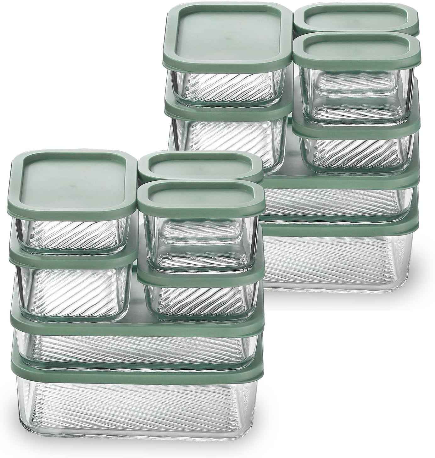 EATEX 14 Pack Glass Meal Prep Containers with Grooved Base, 14 Stackable BPA Free Glass Storage Containers with Lids for Lunch, Pantry, and Kitchen - Microwave, Dishwasher Freezer & Oven Safe - Sage