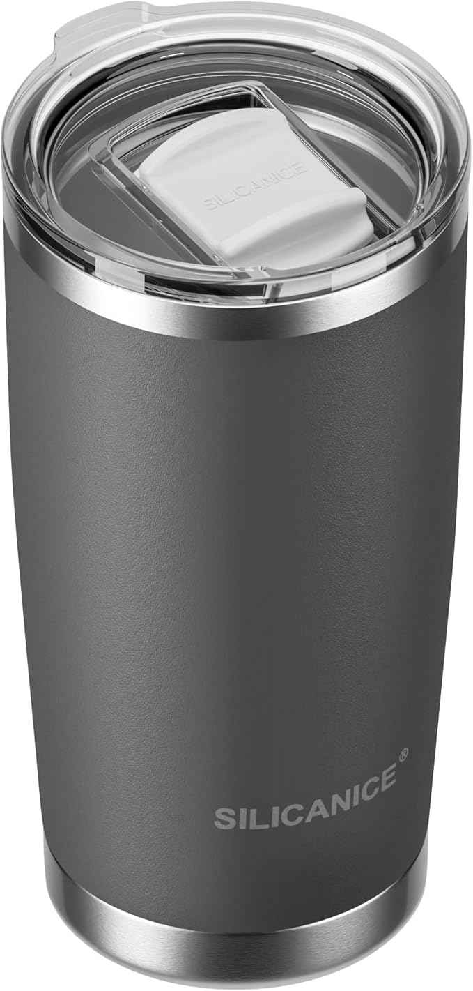 20oz Hygienic Stainless Steel Vacuum Insulated Tumbler w/ Easy-On/Easy-Off Lid - Removable slider, Double Wall 18/8 Travel Mug, BPA-Free, Fits Cup Holders, Premium Quality, Smart Value - Chocoal Gray