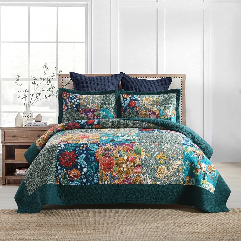 Autumn Dream Cotton Bedspread Quilt Sets Reversible Bedding Coverlet Sets Comforter, Vintage Floral Patchwork Turquoise Bedspread, Queen Size