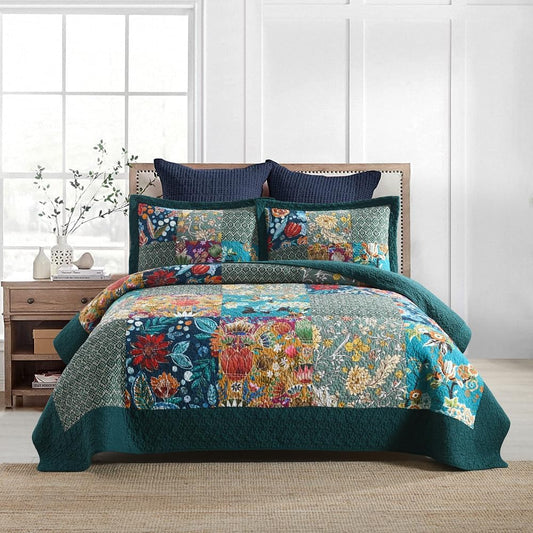 Autumn Dream Cotton Bedspread Quilt Sets Reversible Bedding Coverlet Sets Comforter, Vintage Floral Patchwork Turquoise Bedspread, Queen Size
