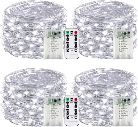 4-Pack Fairy Lights Battery Operated with Remote & Timer & 8 Modes, Waterproof 16 FT 50 LED String Lights Outdoor Indoor, Battery Twinkle Lights for Christmas Bedroom Centerpiece Décor (Cool White)