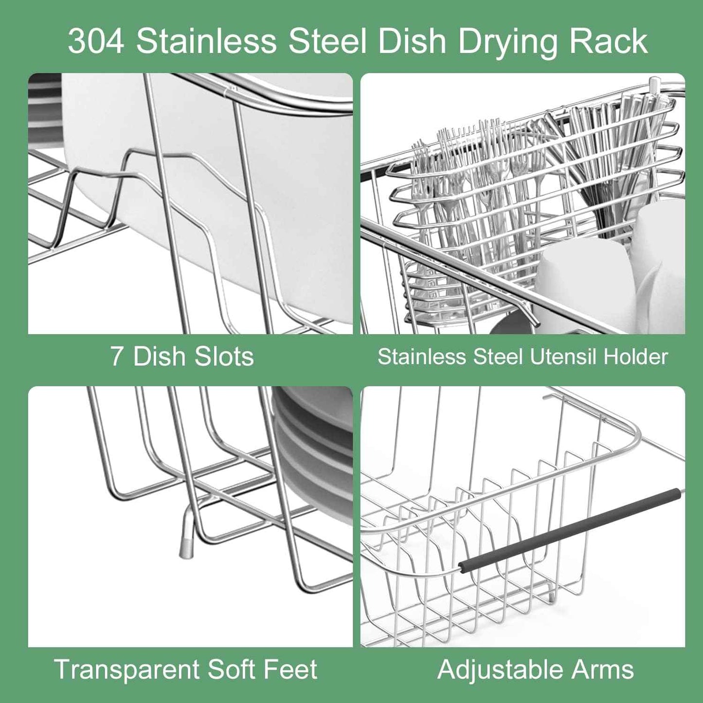 JAQ Over Sink Dish Drying Rack for Small Sink, Compact Expandable 14.25"–22.44", Adjustable 304 Stainless Steel Dish Drainer with Utensil Holder, Space Saving for Small Kitchen