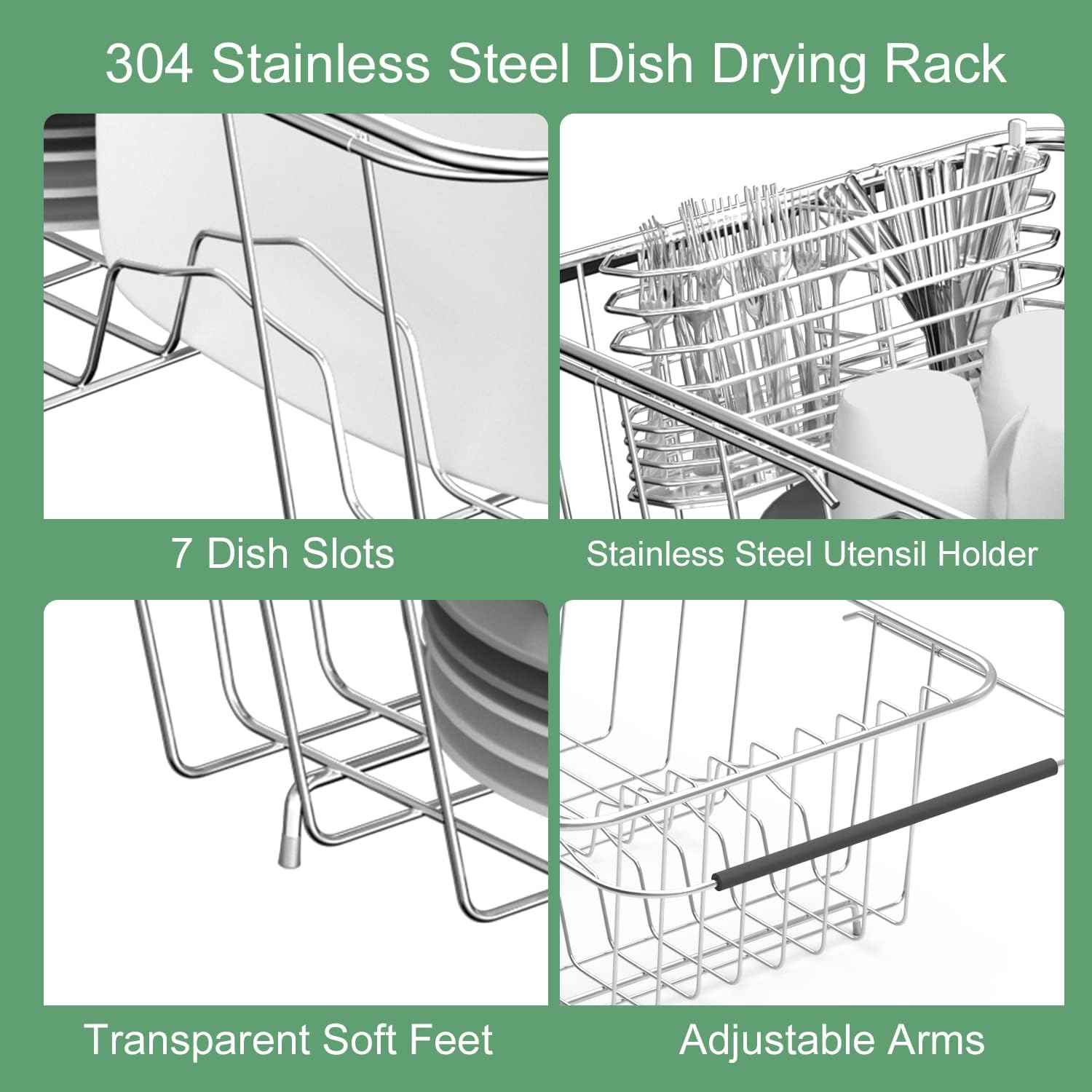 JAQ Over Sink Dish Drying Rack for Small Sink, Compact Expandable 14.25"–22.44", Adjustable 304 Stainless Steel Dish Drainer with Utensil Holder, Space Saving for Small Kitchen
