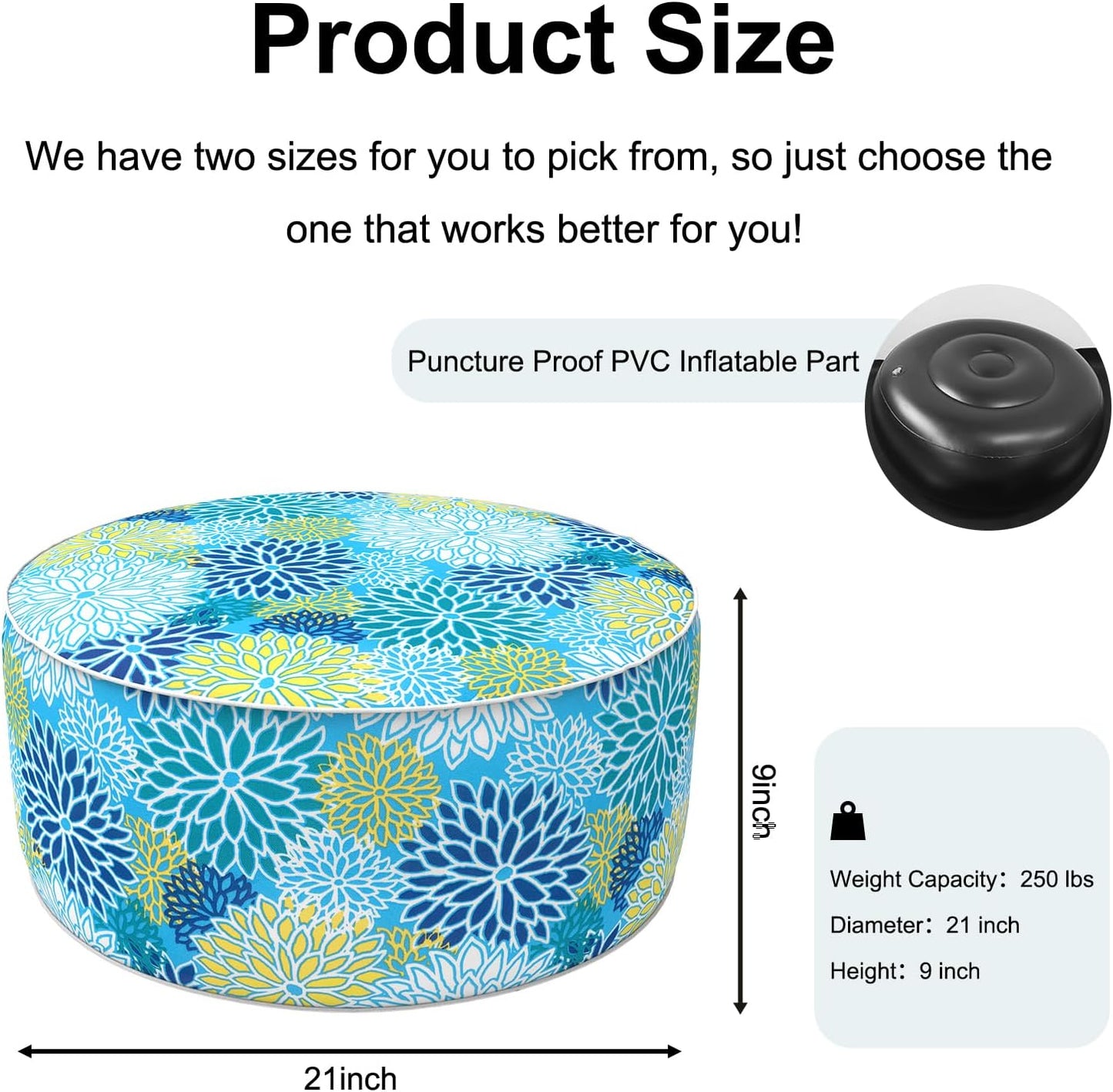 Inflatable Ottoman Stool D21 xH9 for Outdoor/Indoor Use, Water Repellent Patio Foot Rest Stool with Portable Handle,Round Pouf Ottoman Suitable for Garden,Deck and Camping - Dahlia Blue