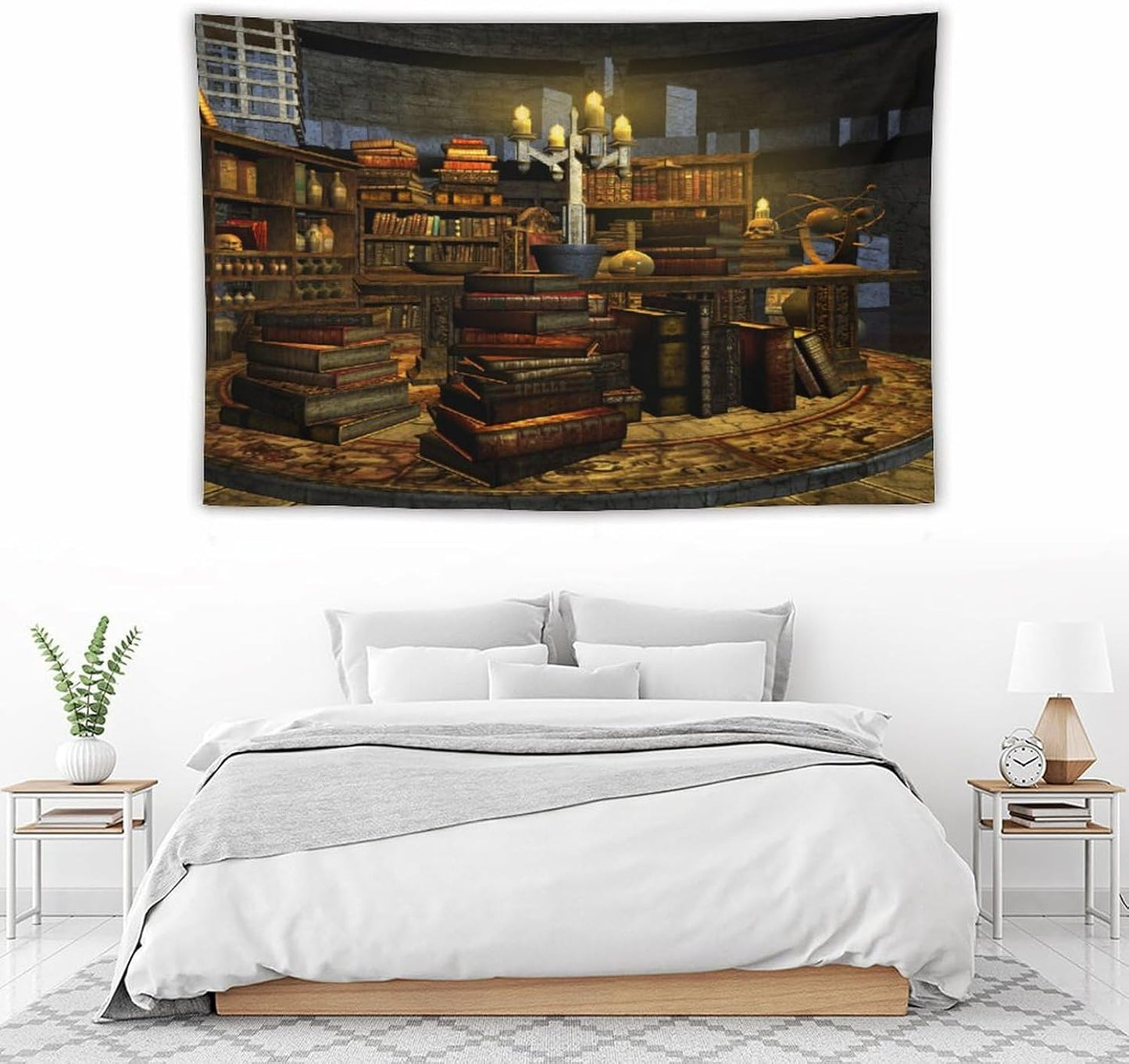 Kurtect Library Tapestry,Vintage Medieval Bookshelf Wooden Bookcase Antique Magic Art Tapestries for Party Beach Picnic Blankets Tablecloths Living Room Wall Deocr, 60x90 in
