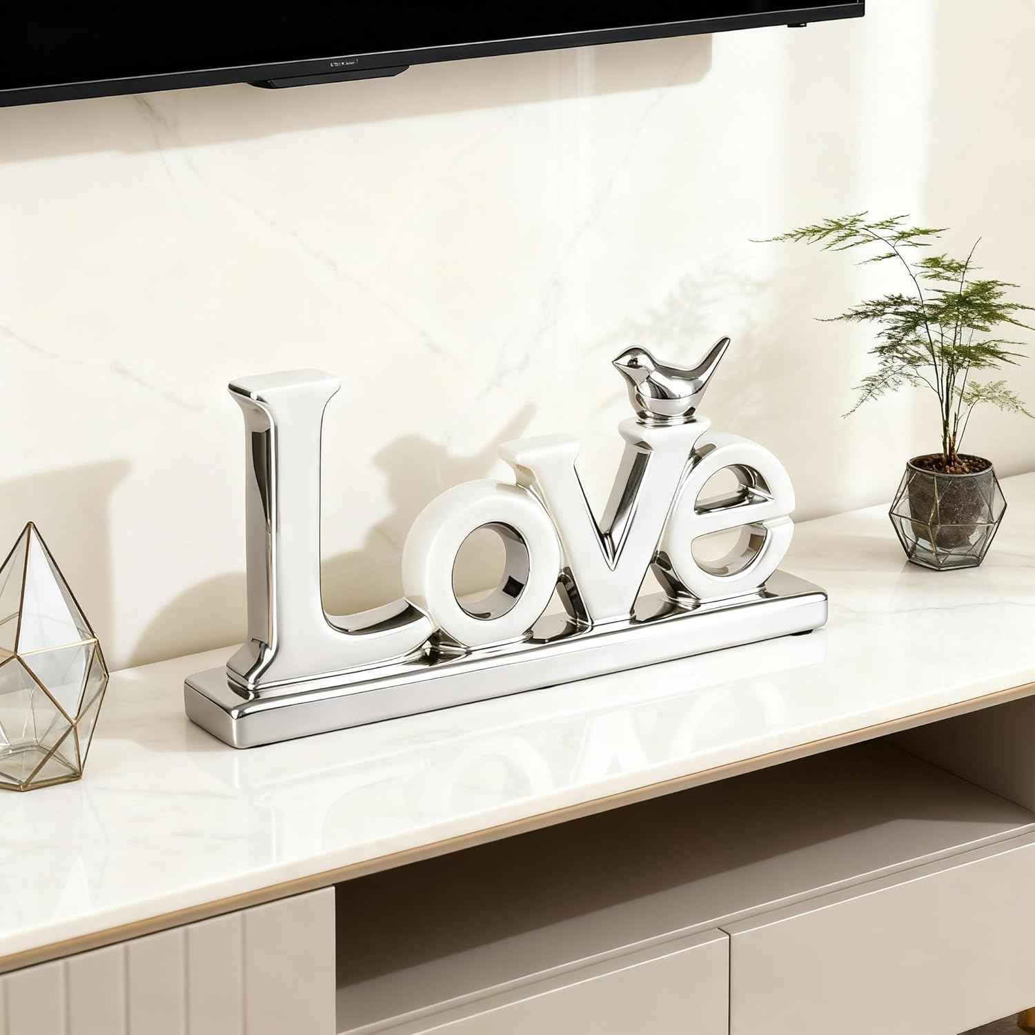 Love Sign Decoration - Silver Love Signs for Home Decor Statue, Modern Bird Sculpture Personalized Love Decor, Silver Style Figurine Decorative Ornaments for Living Room, Bedroom, Desktop