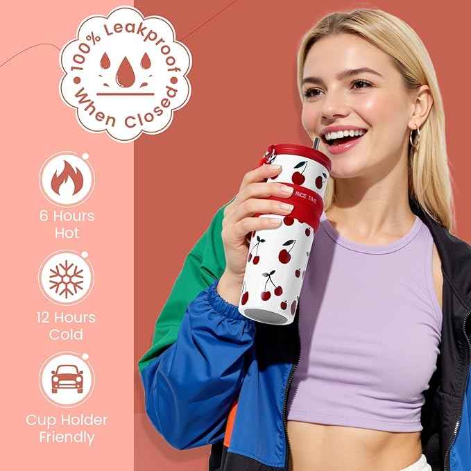 24 oz Stainless Steel Tumbler with Straw, Water Bottle Leak Proof for Hot and Cold, iced Insulated Coffee Travel Mug, Cherry Ceramic Lined Tumbler, Reusable Thermal Coffee Cup Gift for Women