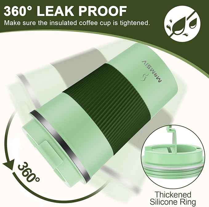 MOMSIV 12oz Travel Mug, Insulated Coffee Cup with Leakproof Lid, Vacuum Stainless Steel Double Walled Reusable Tumbler for Hot and Cold Water Coffee and Tea In Travel and Car (Green-380ml)