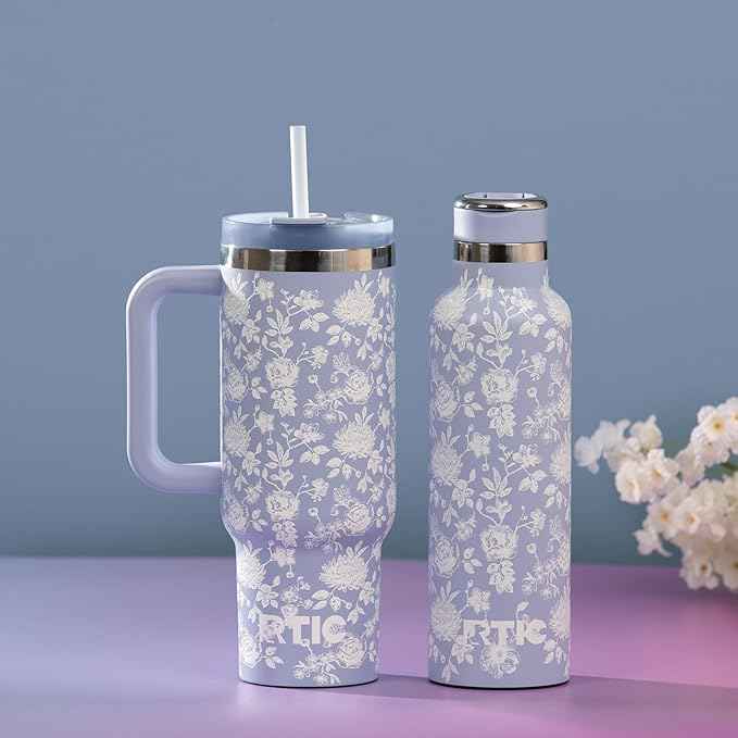 RTIC 30 oz Road Trip Tumbler Double-Walled Ceramic Lined InsulatedStainless Steel Portable Travel Coffee Mug Cup with Lid, Handle and Straw, Periwinkle Bouquet