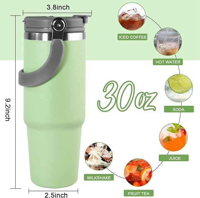 30 oz Tumbler with Handle and Straw Lid, Double Walled Vacuum Insulated Water Bottle Leakproof Tumbler Travel Coffee Mug Thermal Cup, Cupholder Friendly for Office, Home, Sport, Green